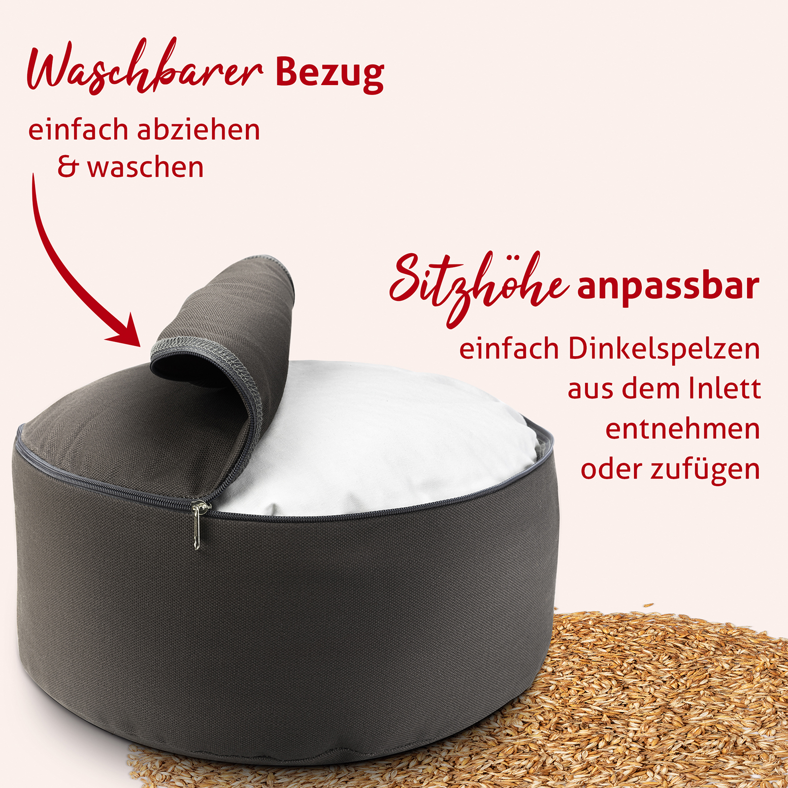 Sitzhöhe und Härtegrad kanst Du anpassen, den Bezug zum Waschen abnehmen.