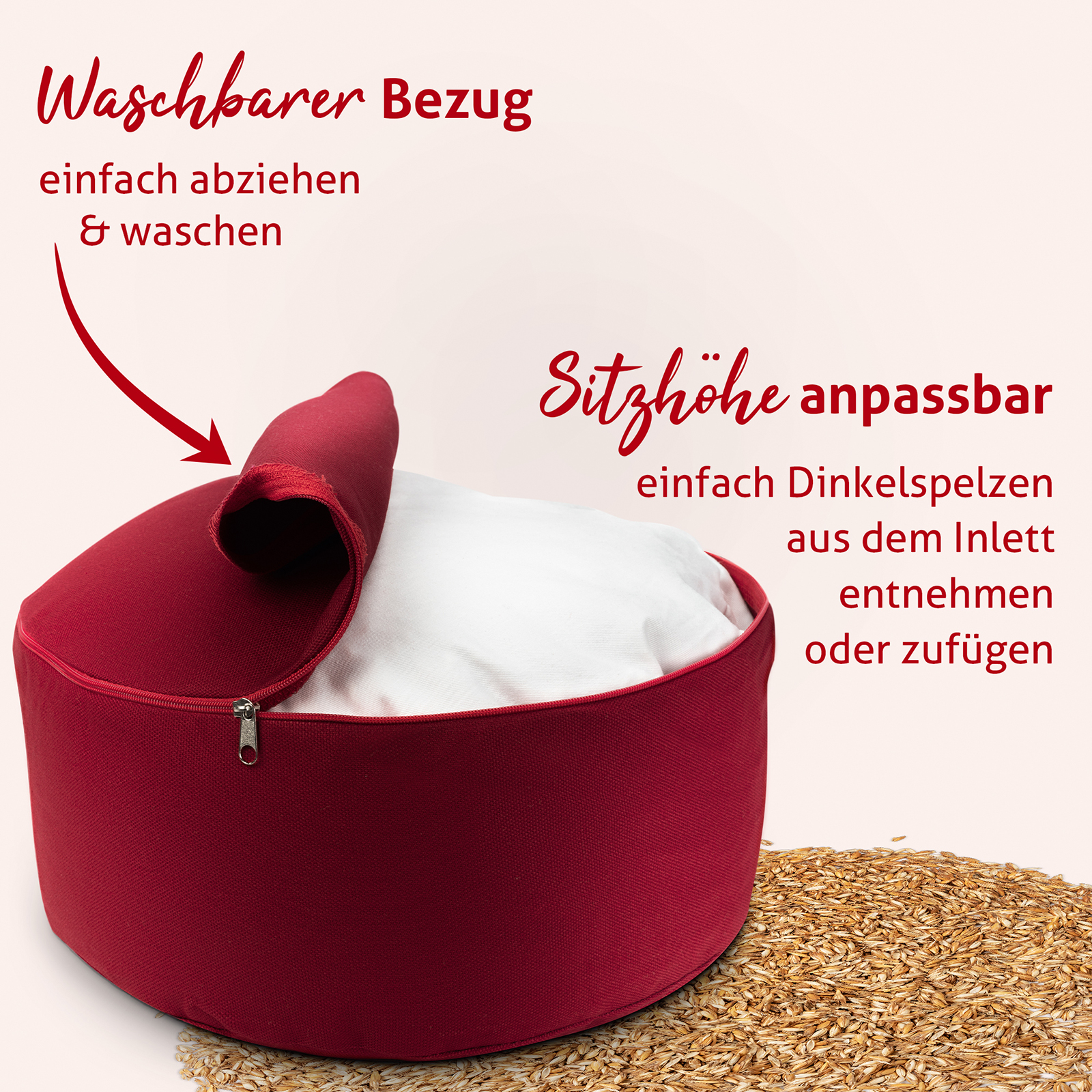 Sitzhöhe und Härtegrad kanst Du anpassen, den Bezug zum Waschen abnehmen.